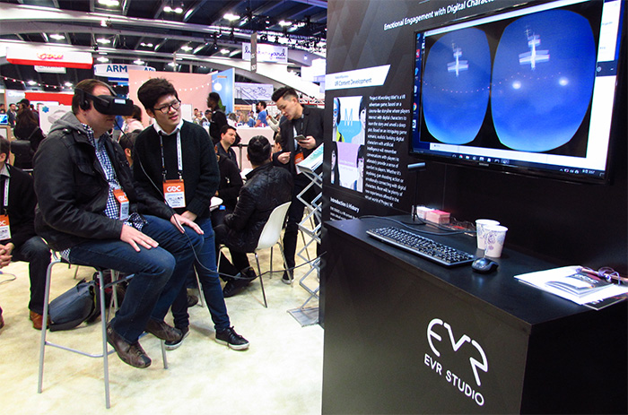 An attendee tries a VR game made by the Korean company EVR Studio at the Game Developer Conference 2017 held at the Moscone Convention Center in San Francisco on March 1.